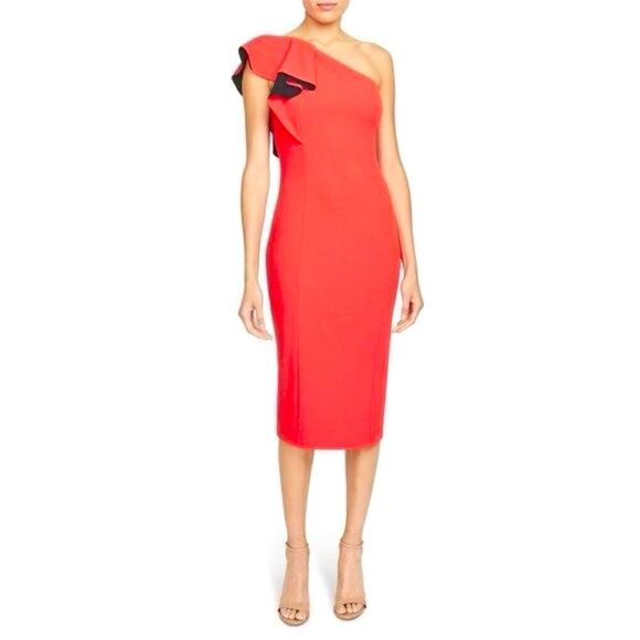 Rachel Roy Collection Flutter One Shoulder Sheath Dress Red Midi S - Picture 2 of 16